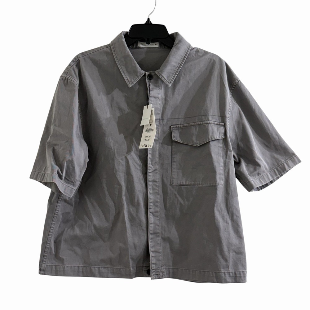 Zara Washed Effect Overshirt Gray 100% Cotton Button Front Shirt Jacket L NWT